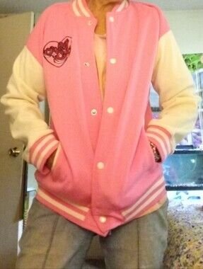 Women's Peachy And Pink Heart Button Up Pink & White Varsity Jacket Size L